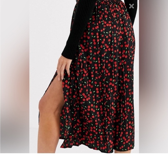 ASOS Wednesdays Girl Pleated Cherry Print Midi Skirt - Picture 2 of 9